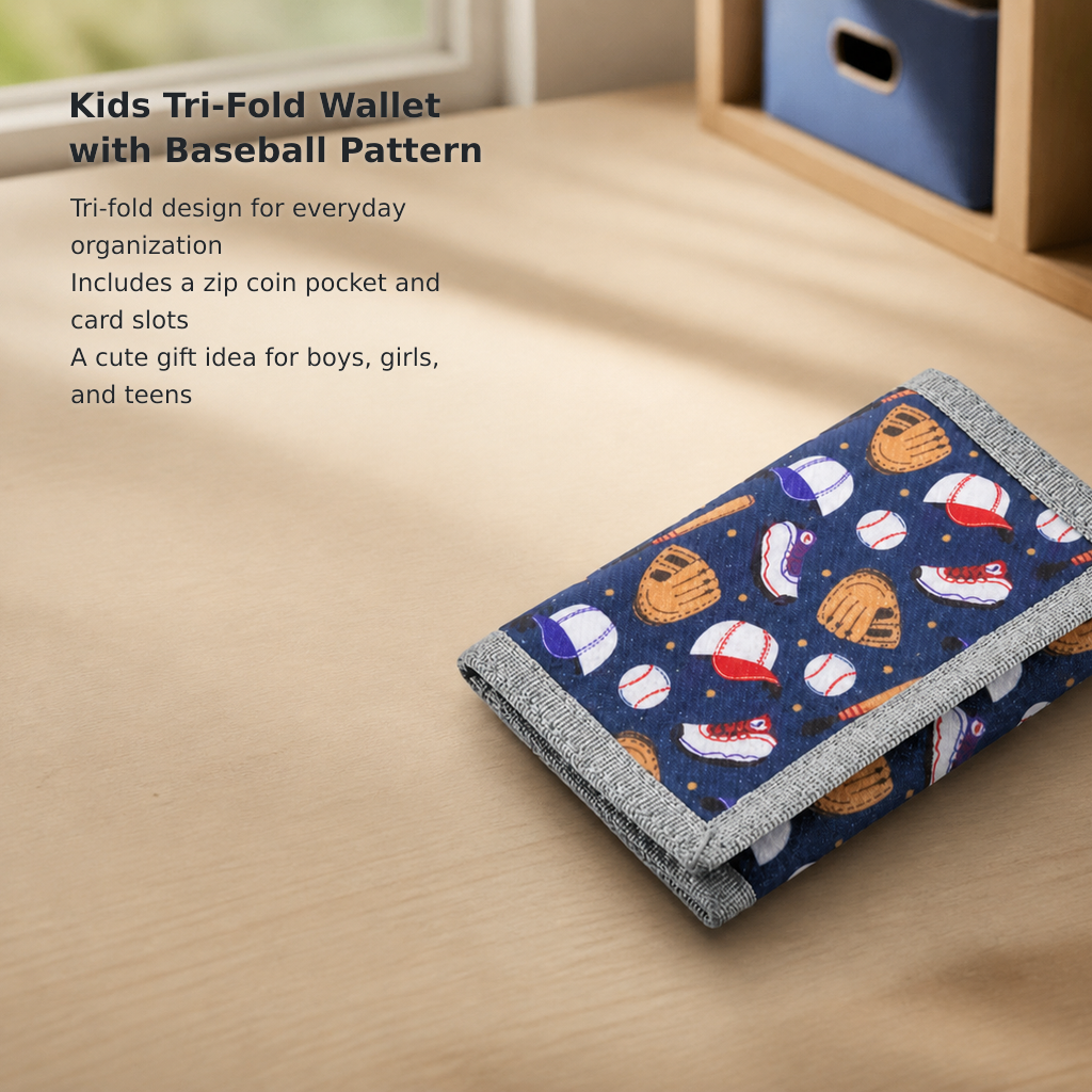 Kids’ Baseball Canvas Trifold Wallet with Zipper Pocket