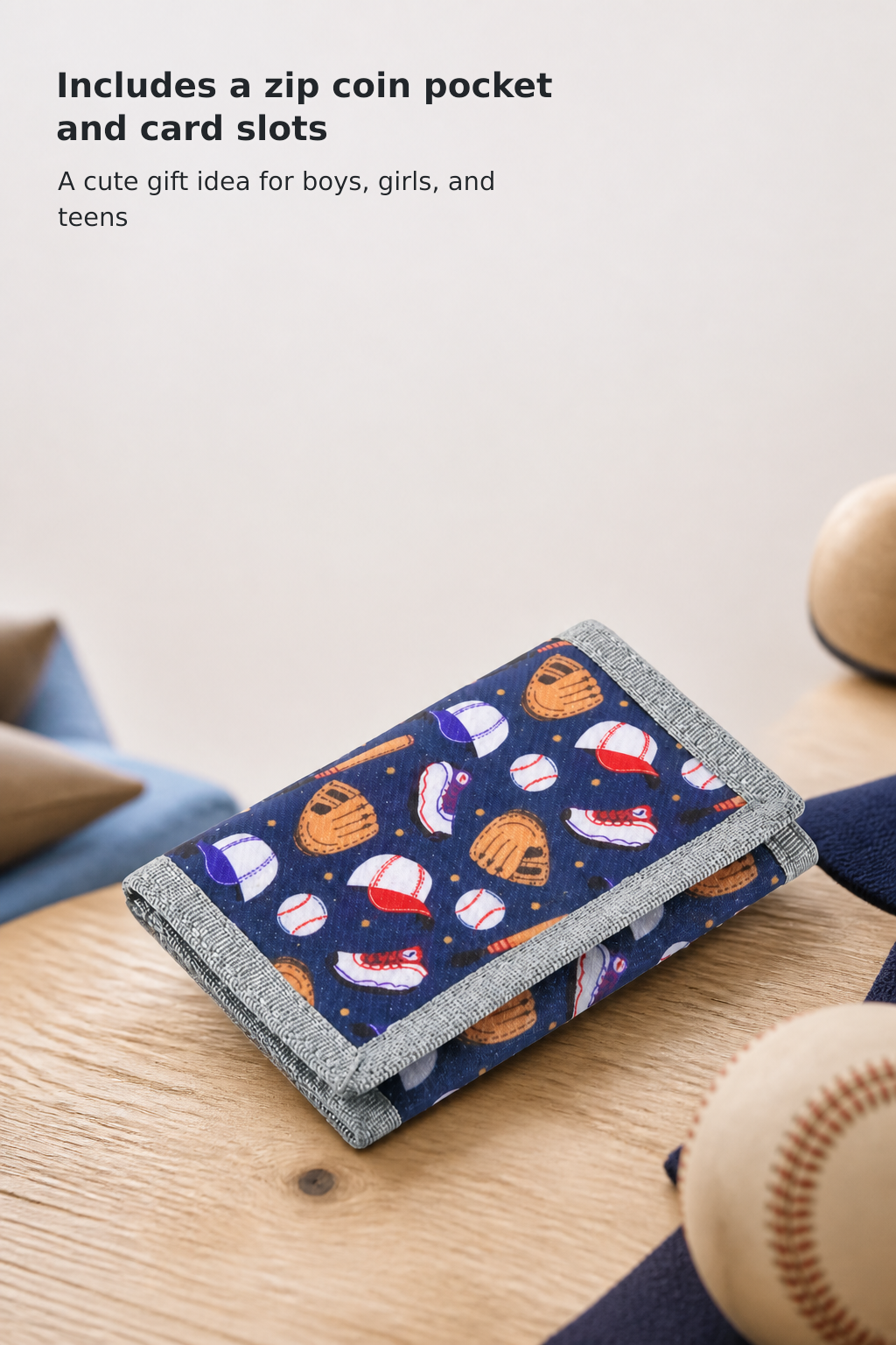 Kids’ Baseball Canvas Trifold Wallet with Zipper Pocket